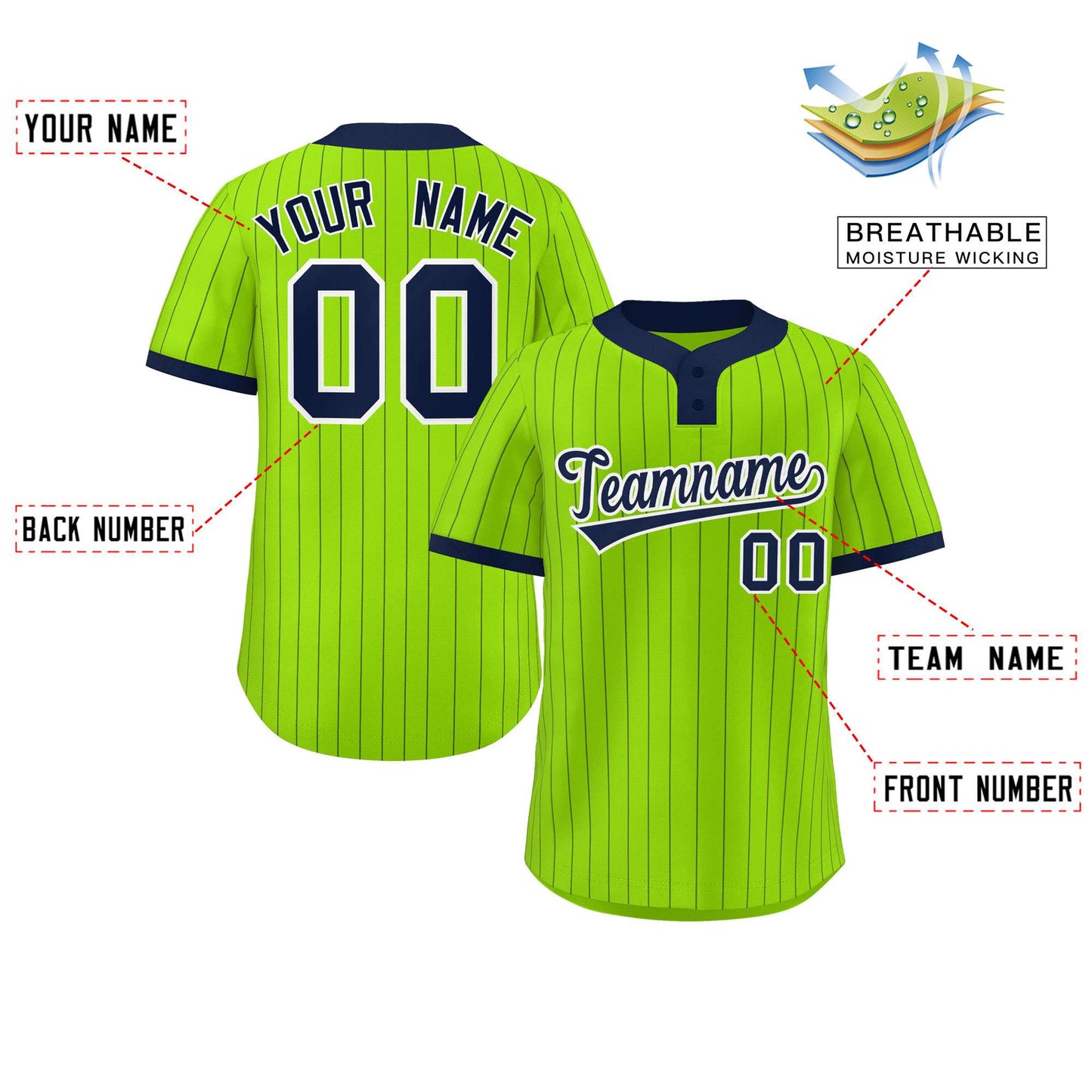 Custom Neon Green Navy Stripe Fashion Authentic Two-Button Softball Jersey Limited