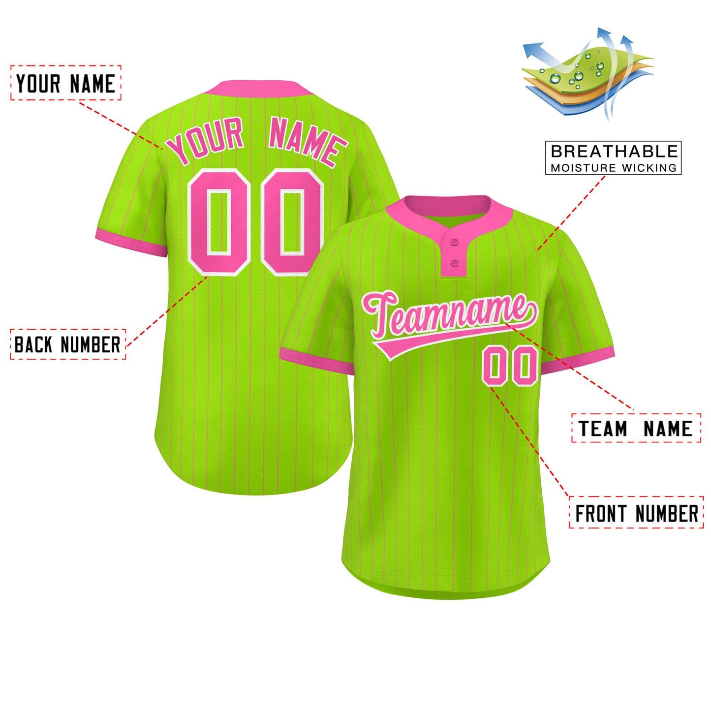 Custom Neon Green Pink Stripe Fashion Authentic Two-Button Softball Jersey Limited
