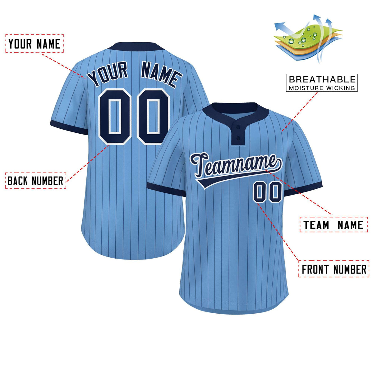 Custom Light Blue Navy Stripe Fashion Authentic Two-Button Softball Jersey Limited