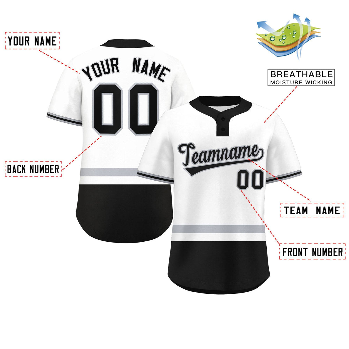 Custom White Gray-Black Color Block Personalized Authentic Two-Button Softball Jersey Limited