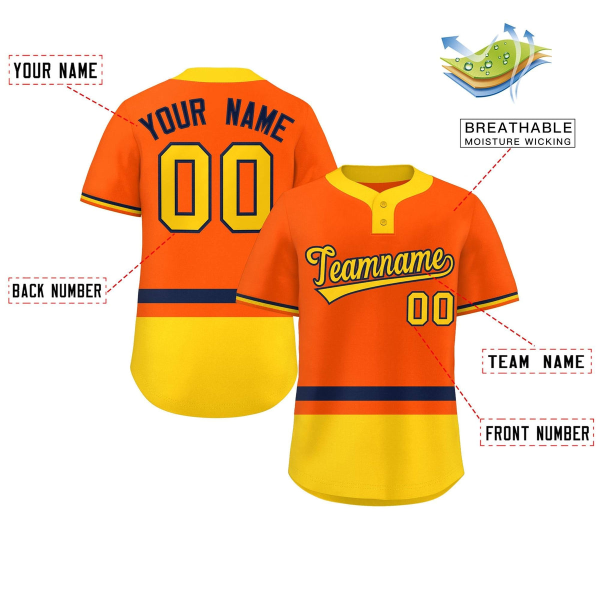 Custom Orange Navy-Gold Color Block Personalized Authentic Two-Button Softball Jersey Limited