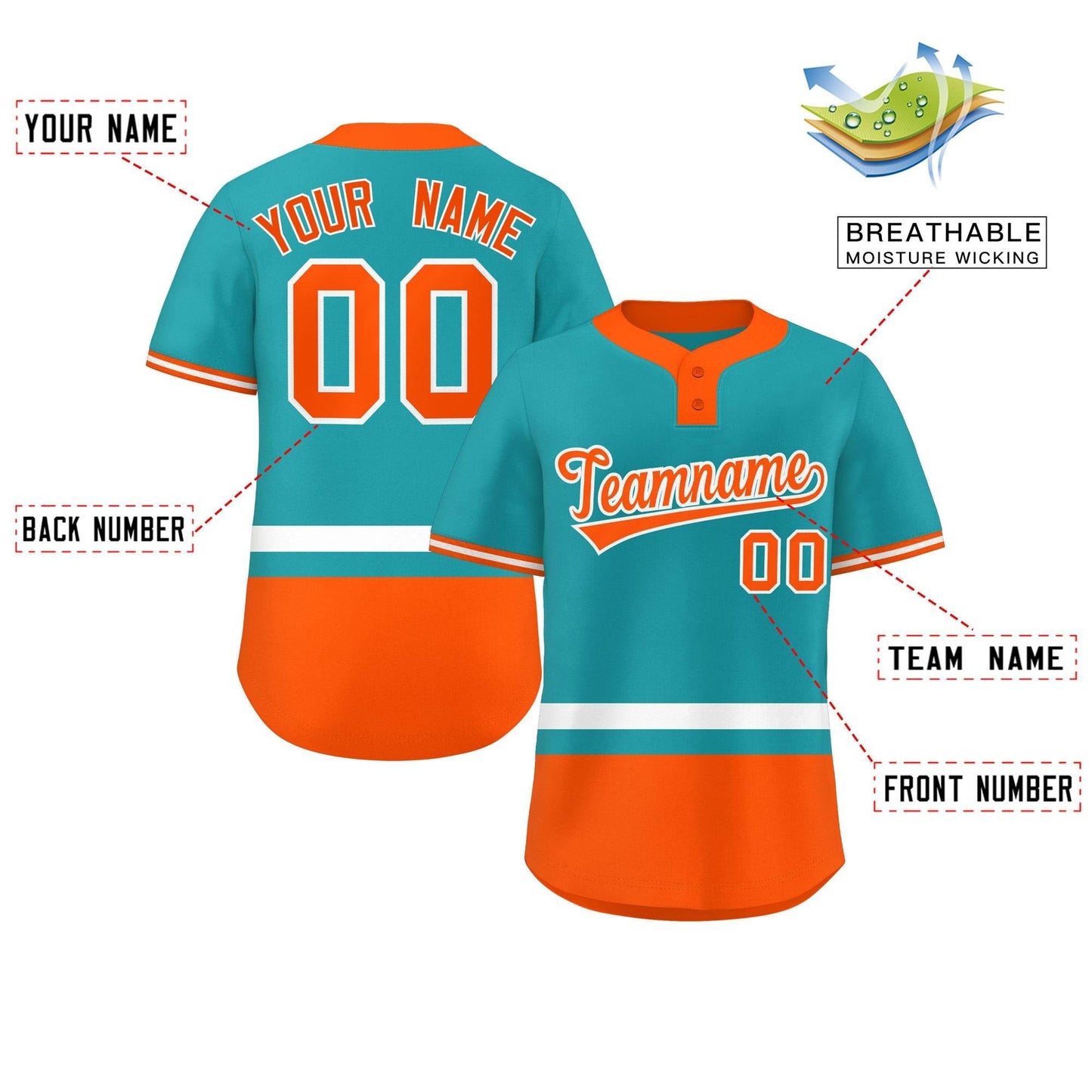 Custom Aqua White-Orange Color Block Personalized Authentic Two-Button Softball Jersey Limited
