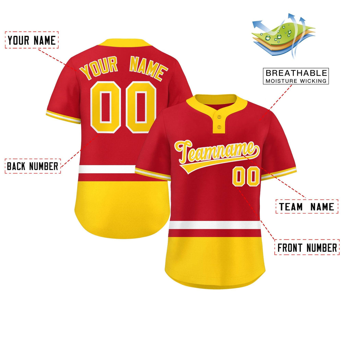 Custom Red White-Gold Color Block Personalized Authentic Two-Button Softball Jersey Limited