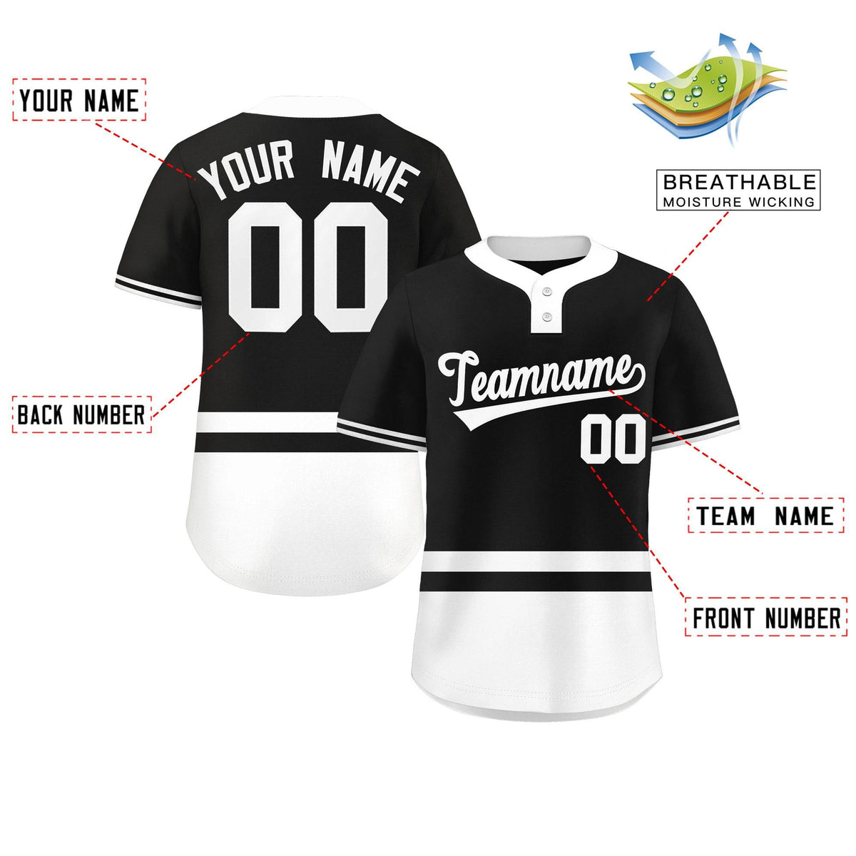 Custom Black White Color Block Personalized Authentic Two-Button Softball Jersey Limited