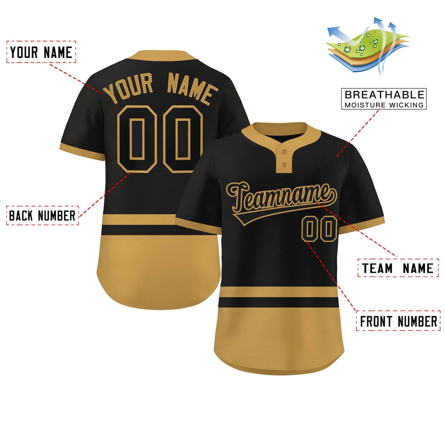 Custom Black Old Gold Color Block Personalized Authentic Two-Button Softball Jersey Limited