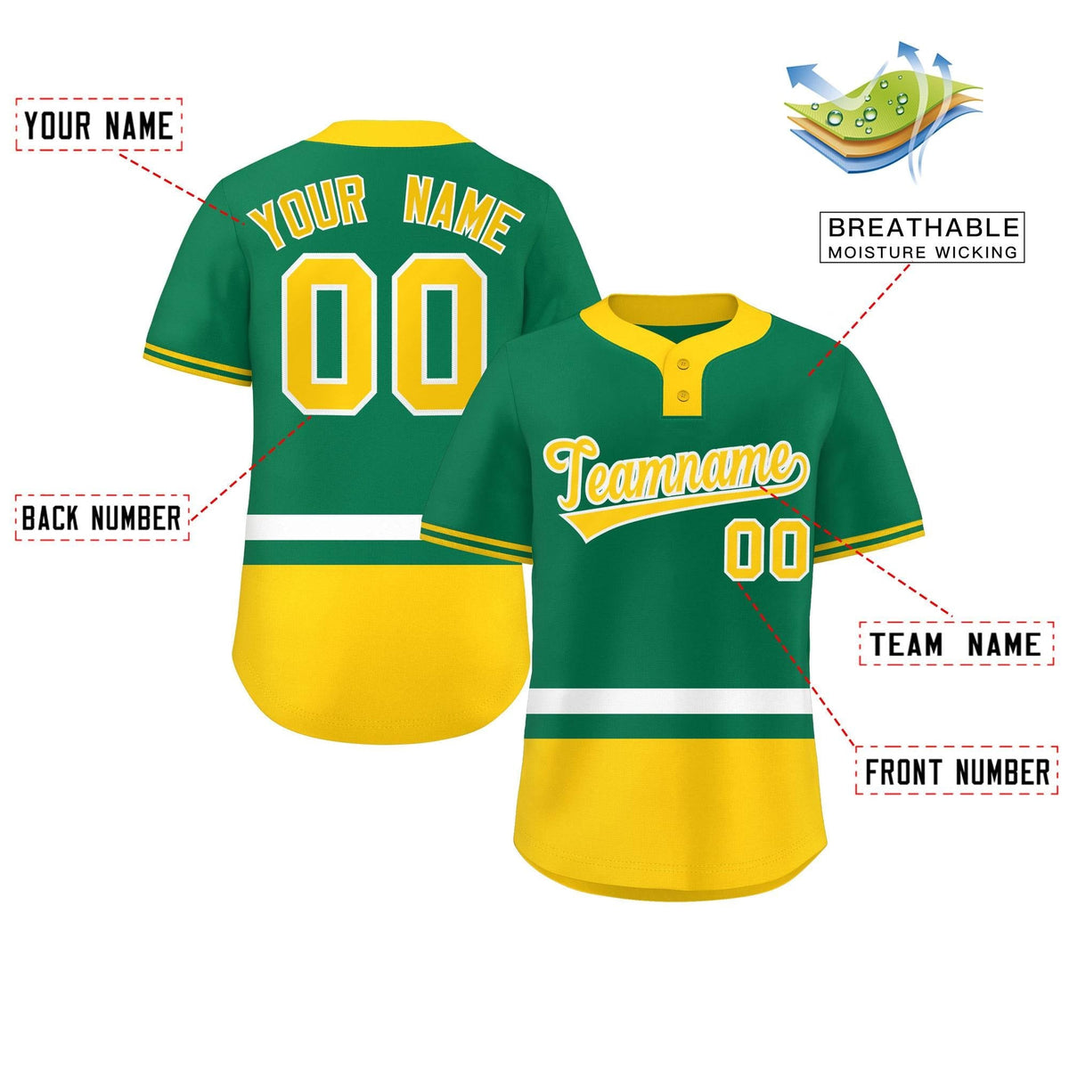 Custom Kelly Green White-Gold Color Block Personalized Authentic Two-Button Softball Jersey Limited