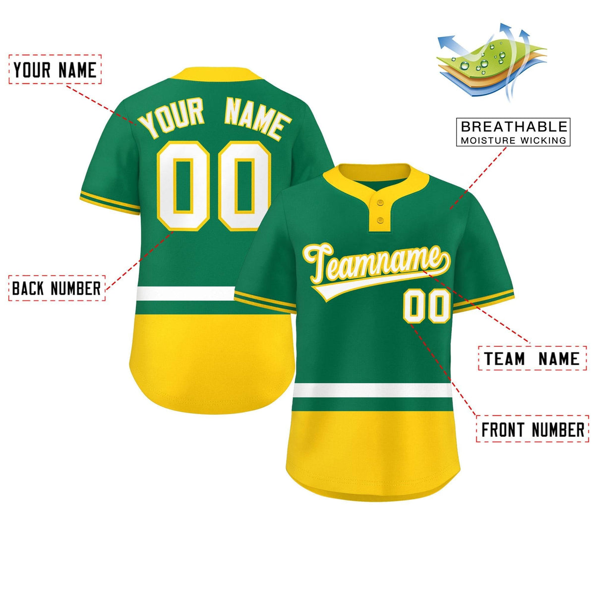 Custom Kelly Green White-Gold Color Block Personalized Authentic Two-Button Softball Jersey Limited