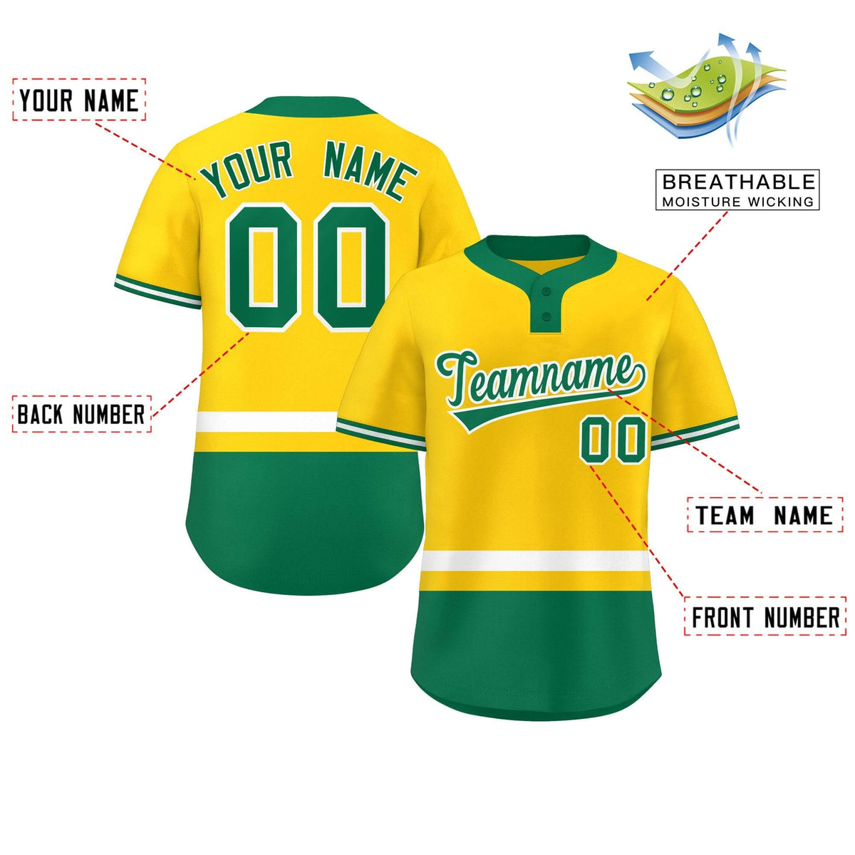 Custom Gold White-Kelly Green Color Block Personalized Authentic Two-Button Softball Jersey Limited