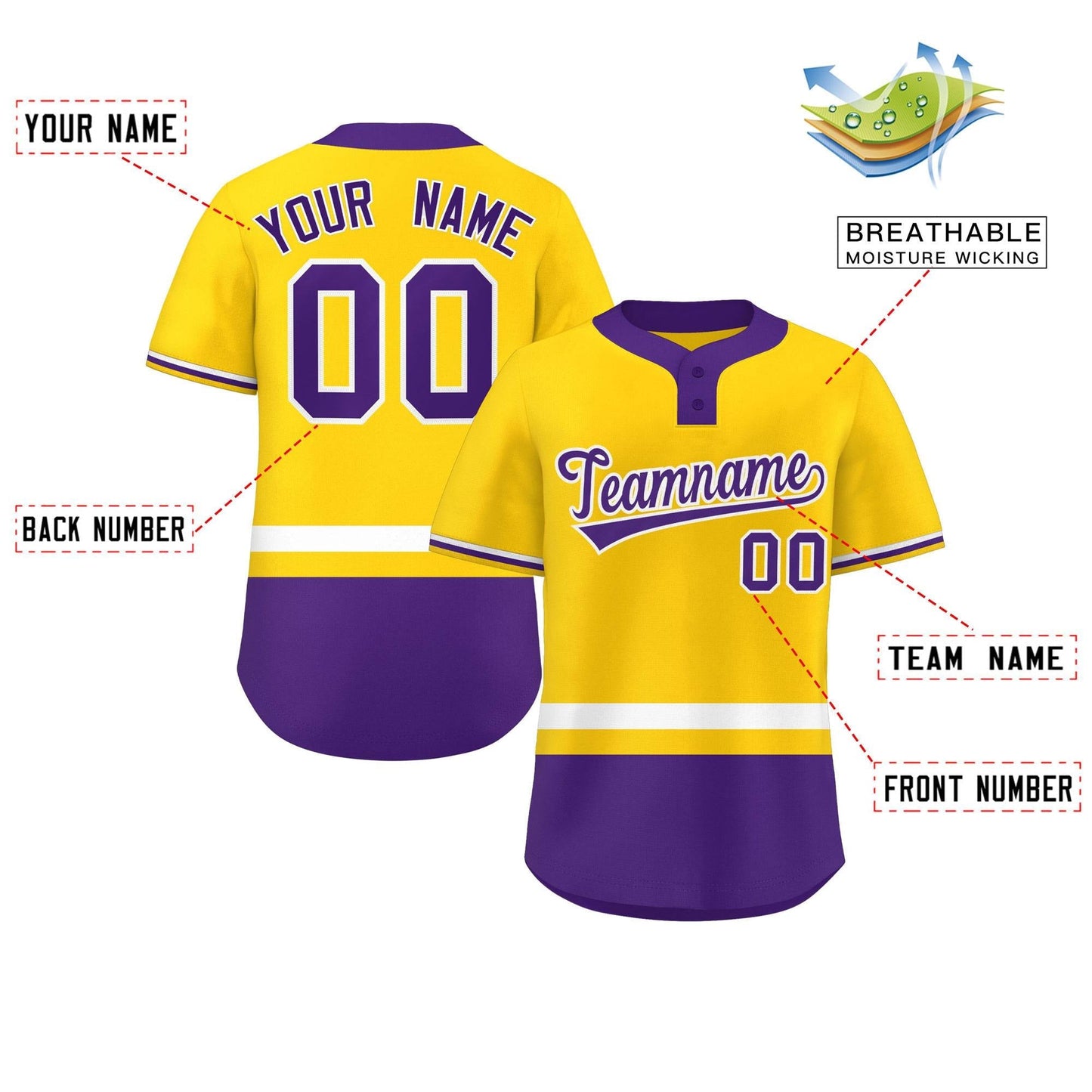 Custom Gold White-Purple Color Block Personalized Authentic Two-Button Softball Jersey Limited
