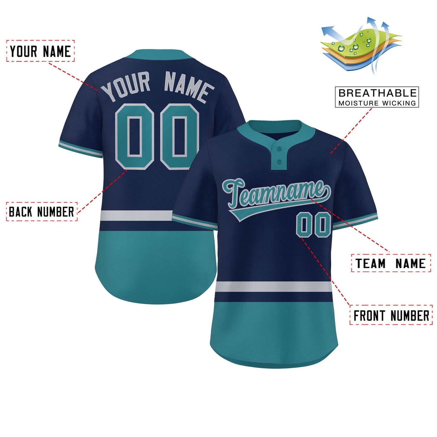 Custom Navy Gray-Aqua Color Block Personalized Authentic Two-Button Softball Jersey Limited