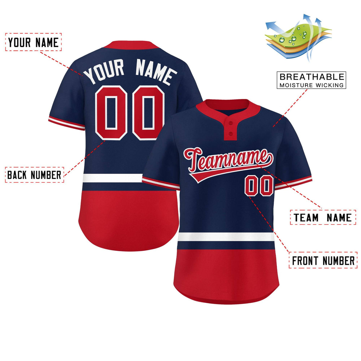 Custom Navy White-Red Color Block Personalized Authentic Two-Button Softball Jersey Limited