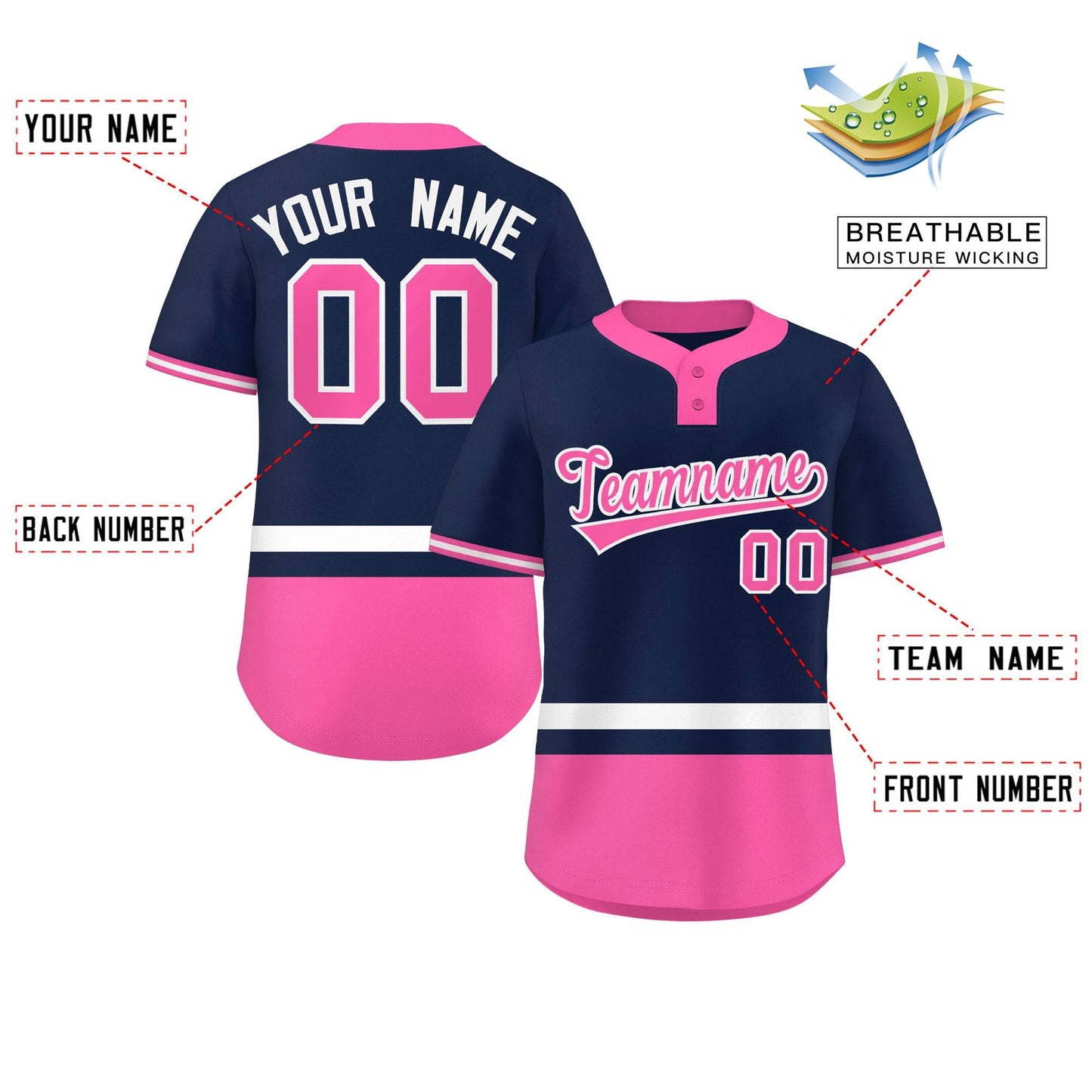 Custom Navy White-Pink Color Block Personalized Authentic Two-Button Softball Jersey Limited