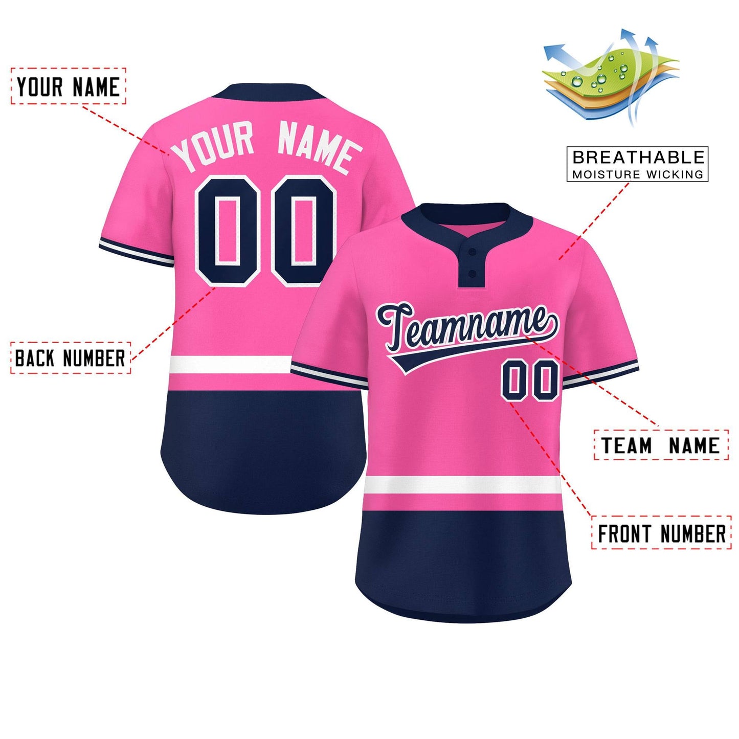 Custom Pink White-Navy Color Block Personalized Authentic Two-Button Softball Jersey Limited