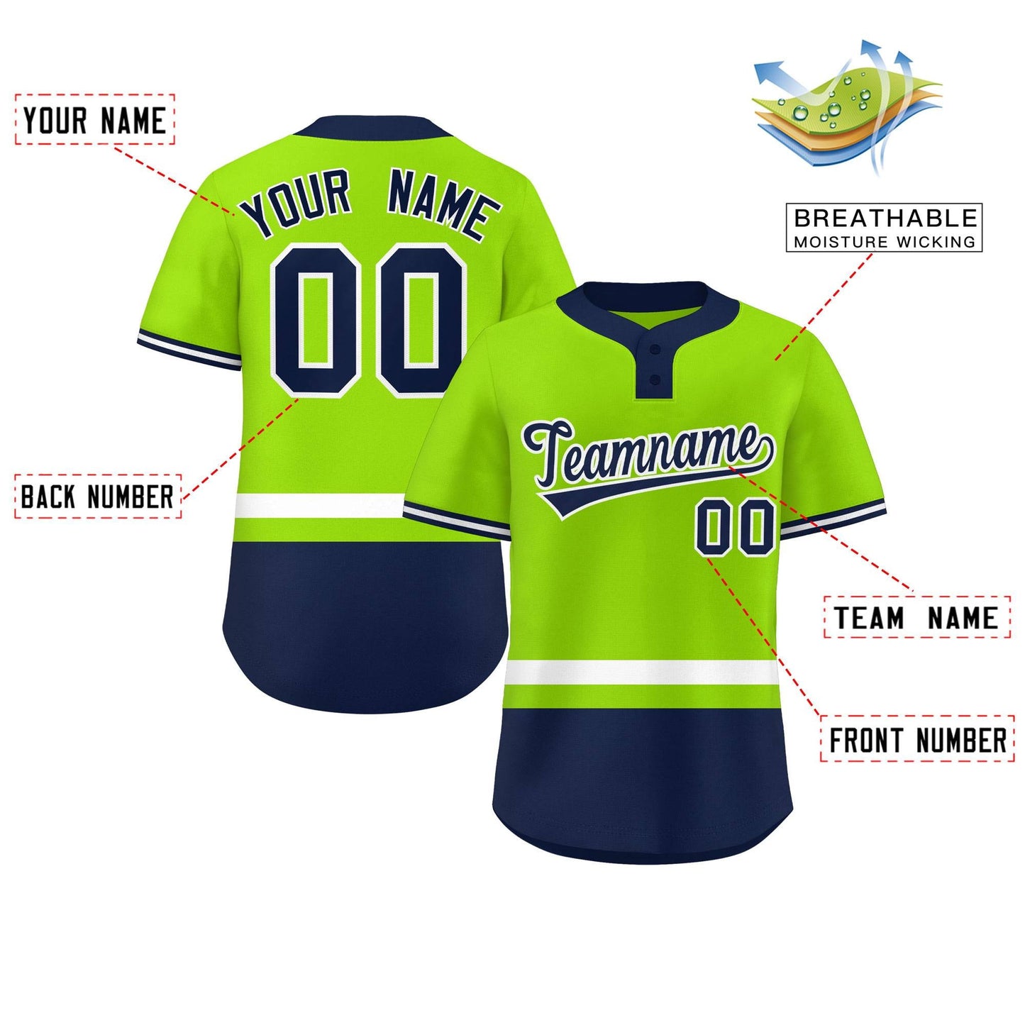 Custom Neon Green White-Navy Color Block Personalized Authentic Two-Button Softball Jersey Limited
