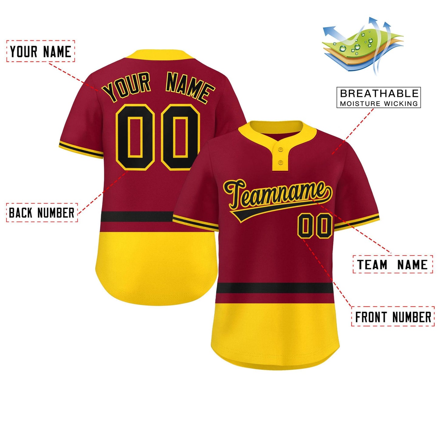 Custom Crimson Black-Gold Color Block Personalized Authentic Two-Button Softball Jersey Limited