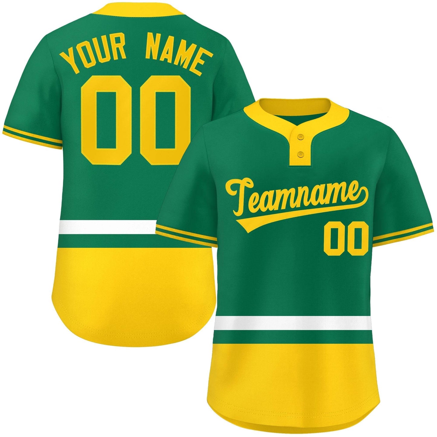 Custom Kelly Green White-Gold Color Block Personalized Authentic Two-Button Softball Jersey