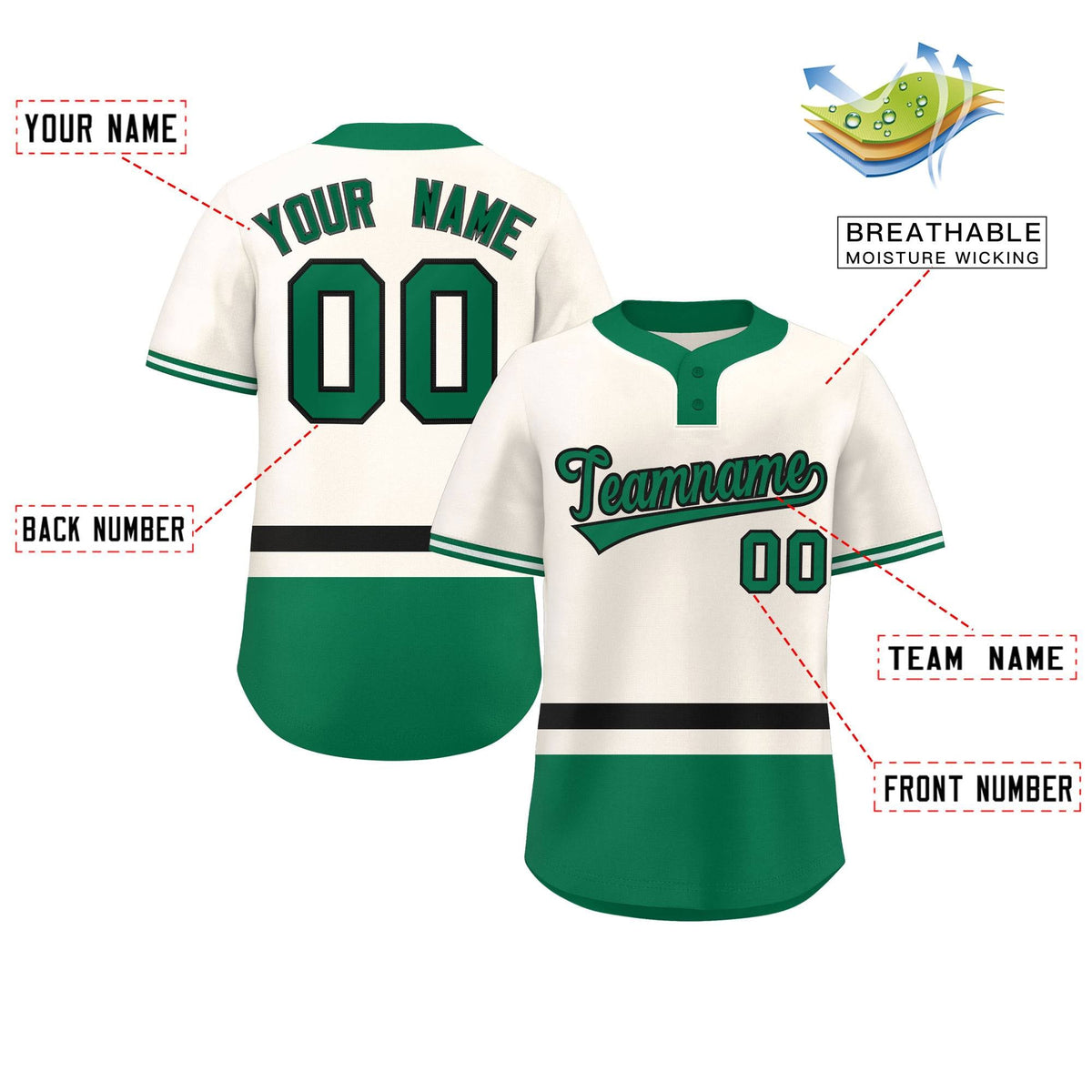 Custom Cream Black-Kelly Green Color Block Personalized Authentic Two-Button Softball Jersey Limited