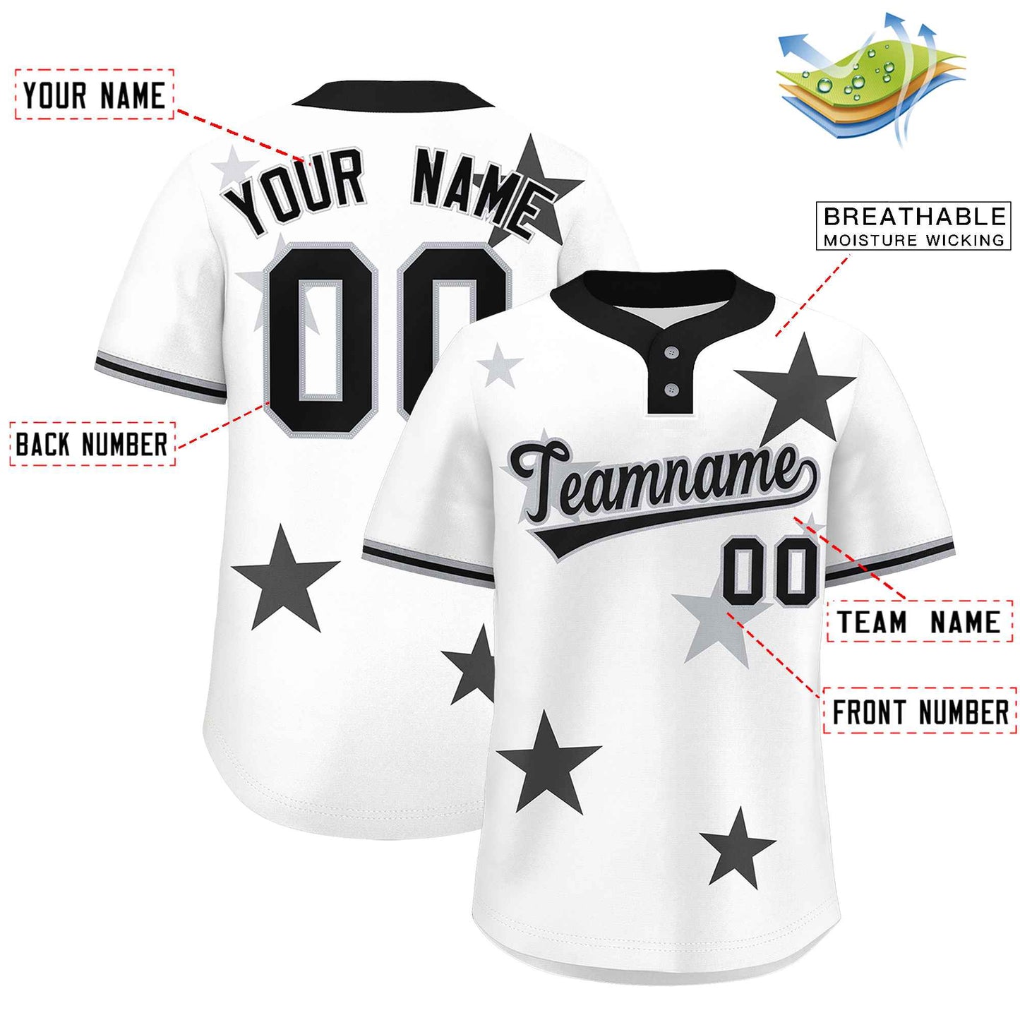 Custom White Black Personalized Star Graffiti Pattern Authentic Two-Button Baseball Jersey Limited