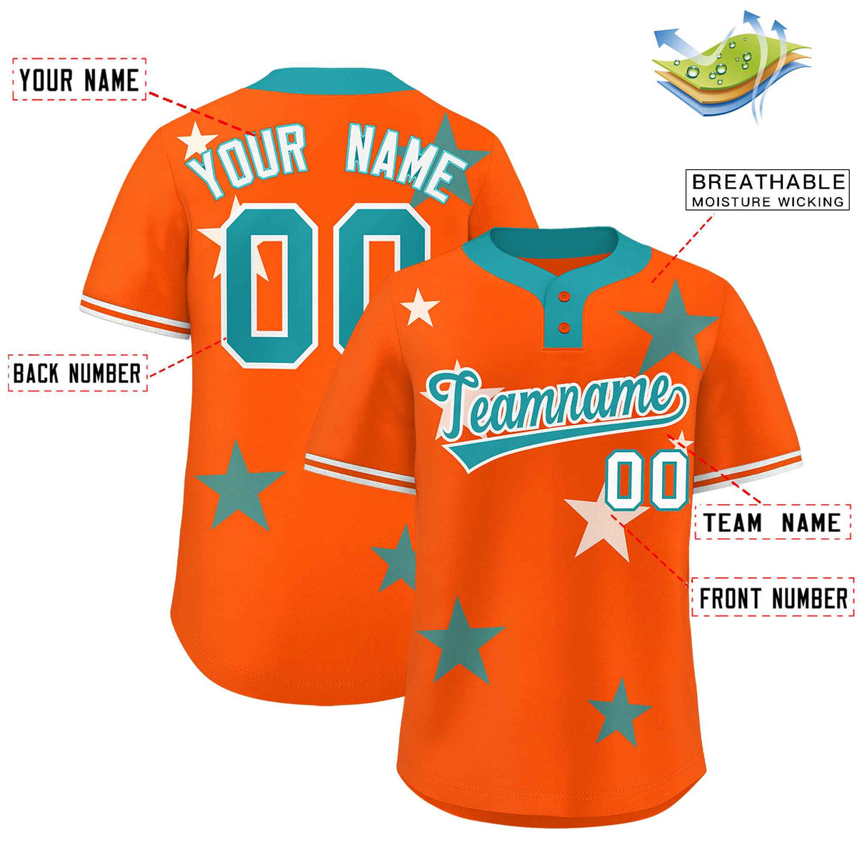 Custom Orange Aqua Personalized Star Graffiti Pattern Authentic Two-Button Baseball Jersey Limited