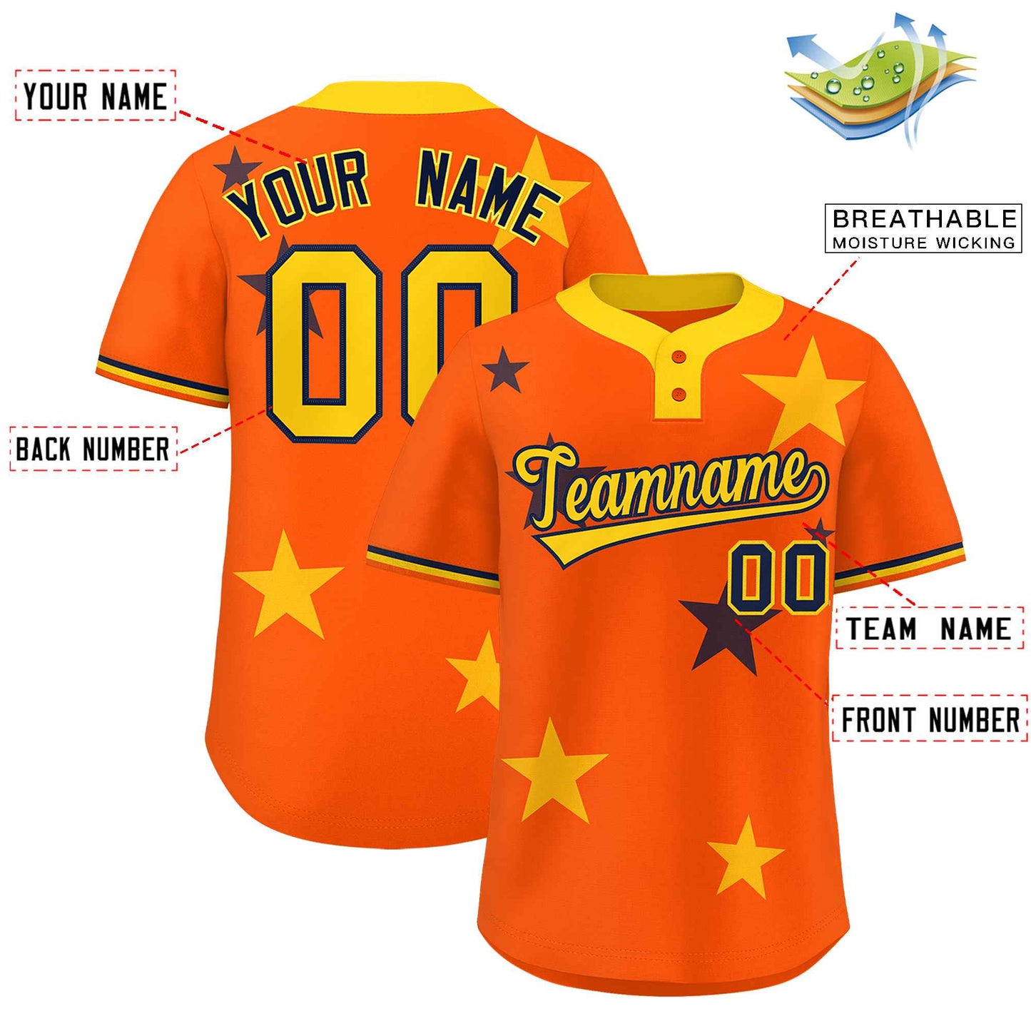 Custom Orange Gold Personalized Star Graffiti Pattern Authentic Two-Button Baseball Jersey Limited