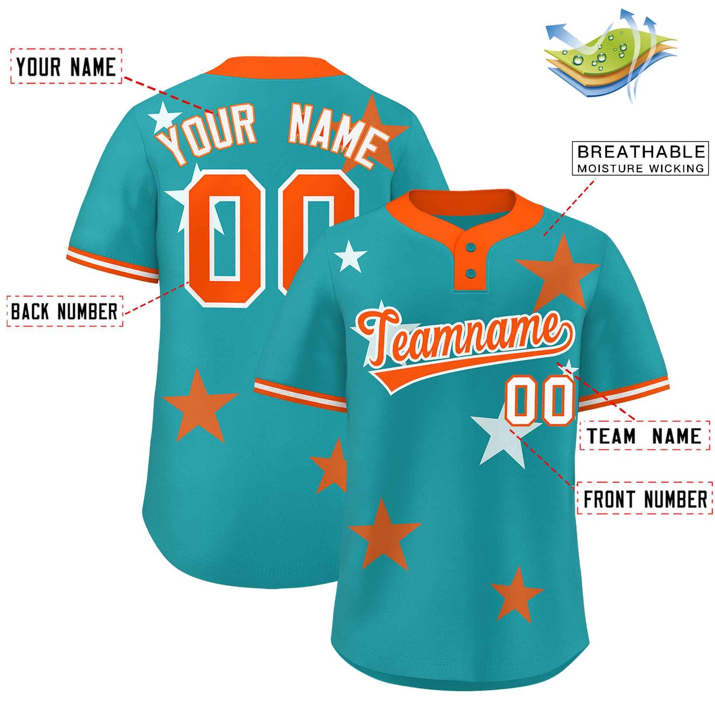 Custom Aqua Orange Personalized Star Graffiti Pattern Authentic Two-Button Baseball Jersey Limited