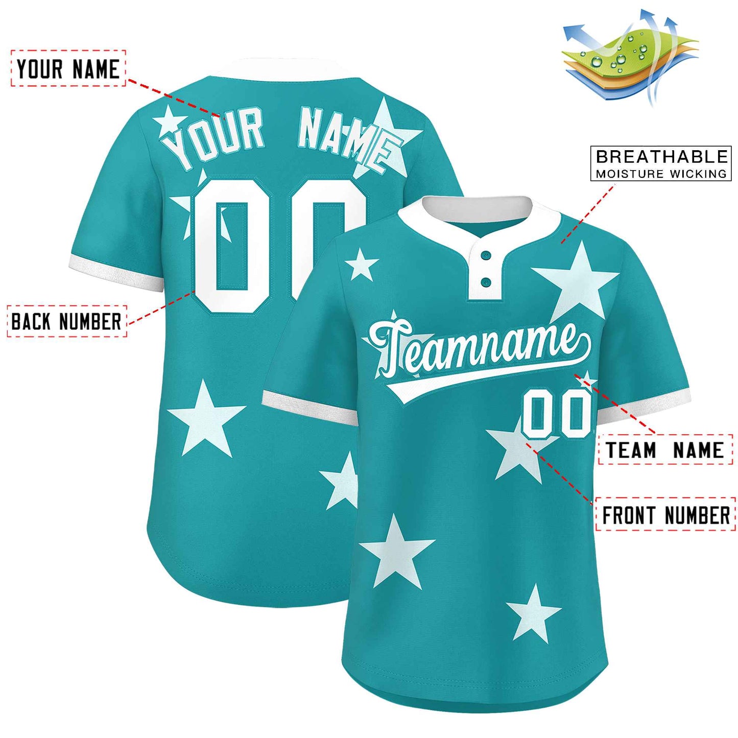 Custom Aqua White Personalized Star Graffiti Pattern Authentic Two-Button Baseball Jersey Limited