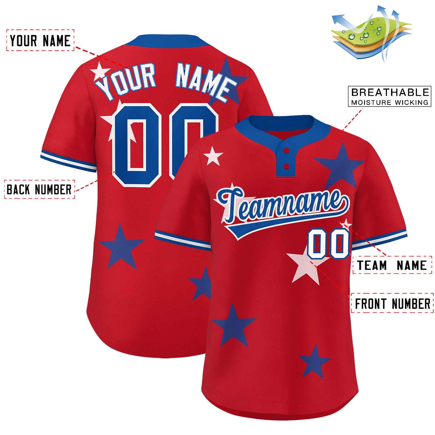 Custom Red Royal Personalized Star Graffiti Pattern Authentic Two-Button Baseball Jersey Limited