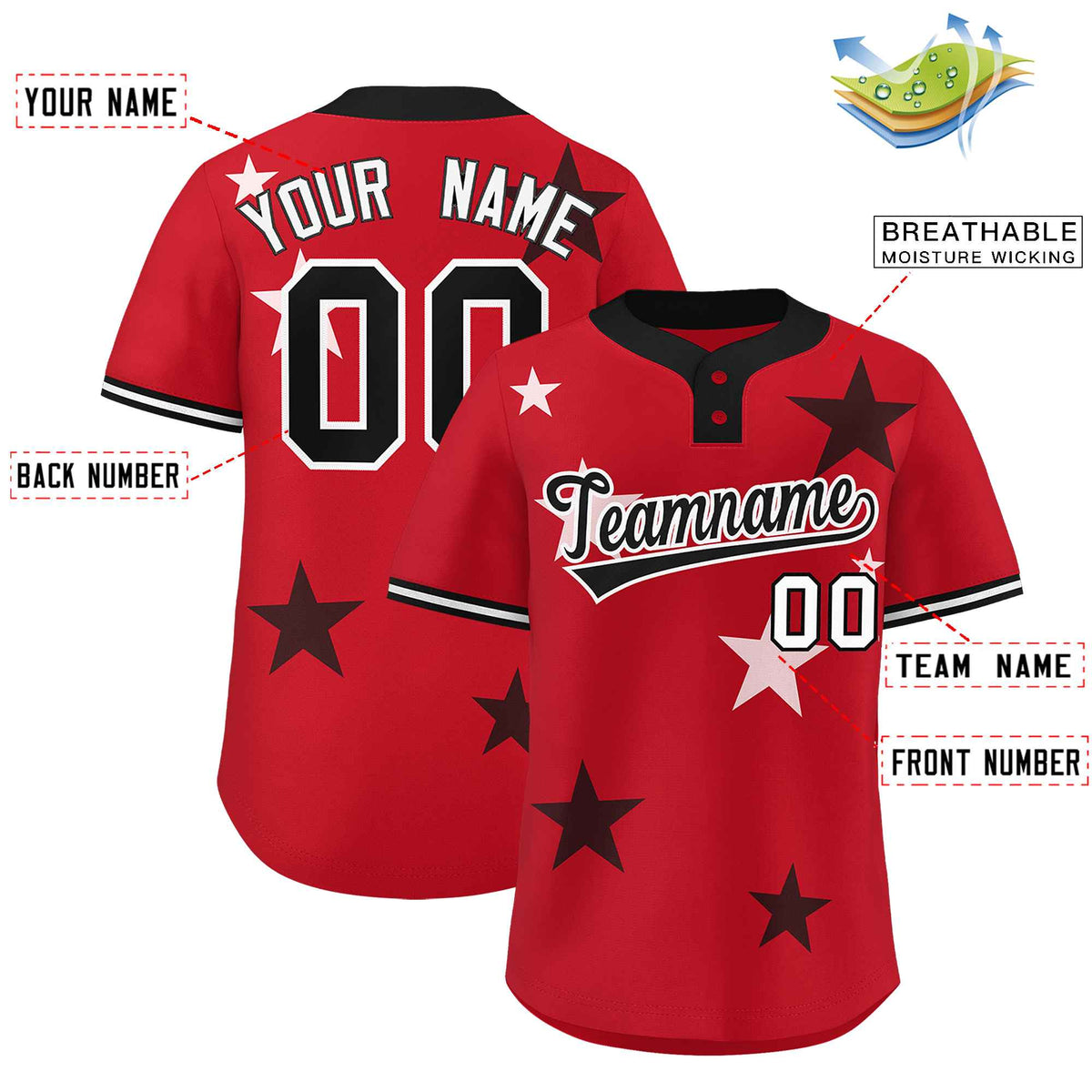 Custom Red Black Personalized Star Graffiti Pattern Authentic Two-Button Baseball Jersey Limited