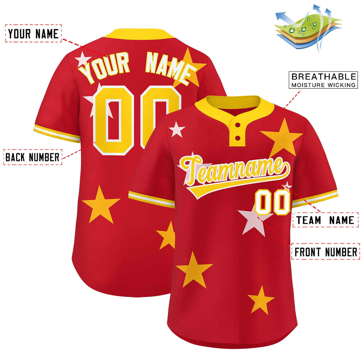 Custom Red Gold Personalized Star Graffiti Pattern Authentic Two-Button Baseball Jersey Limited