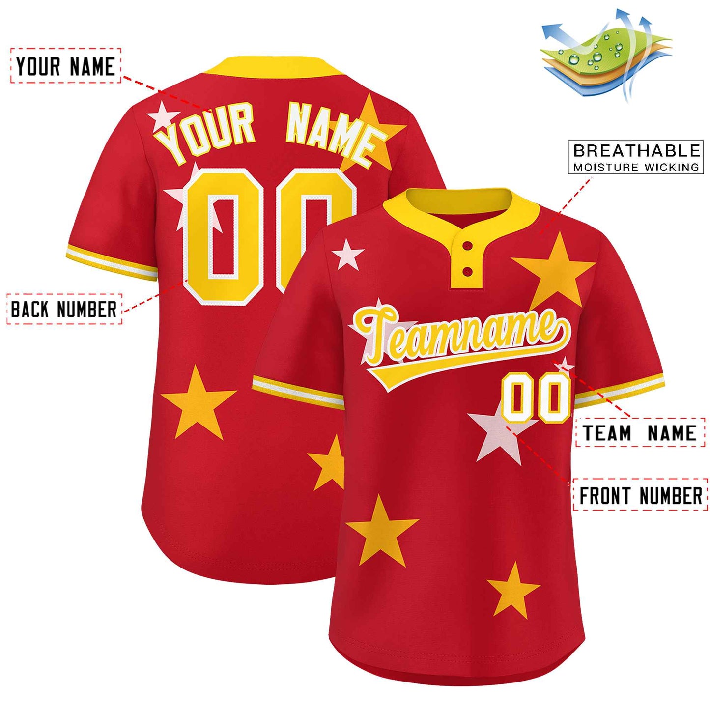 Custom Red Gold Personalized Star Graffiti Pattern Authentic Two-Button Baseball Jersey Limited