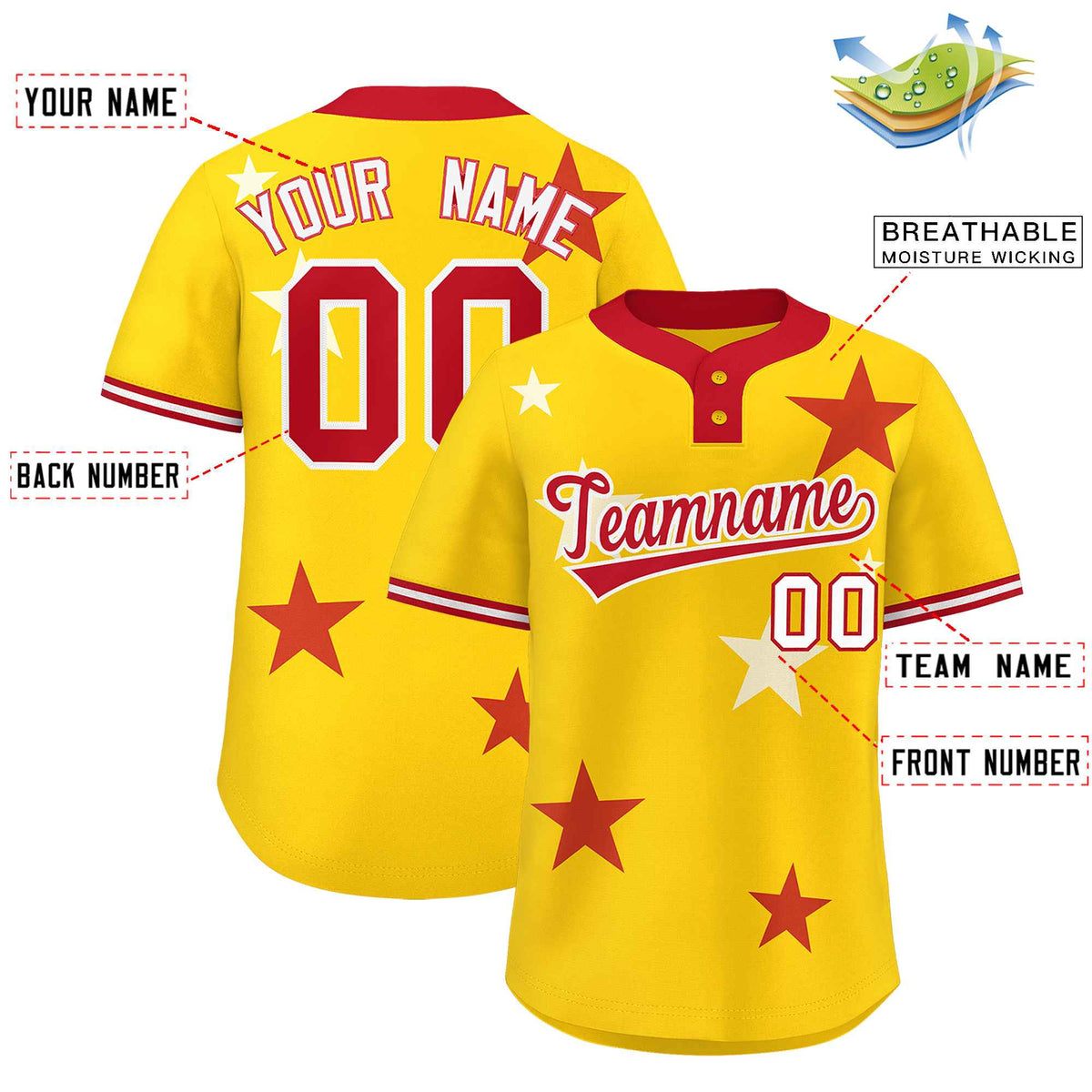 Custom Gold Red Personalized Star Graffiti Pattern Authentic Two-Button Baseball Jersey Limited