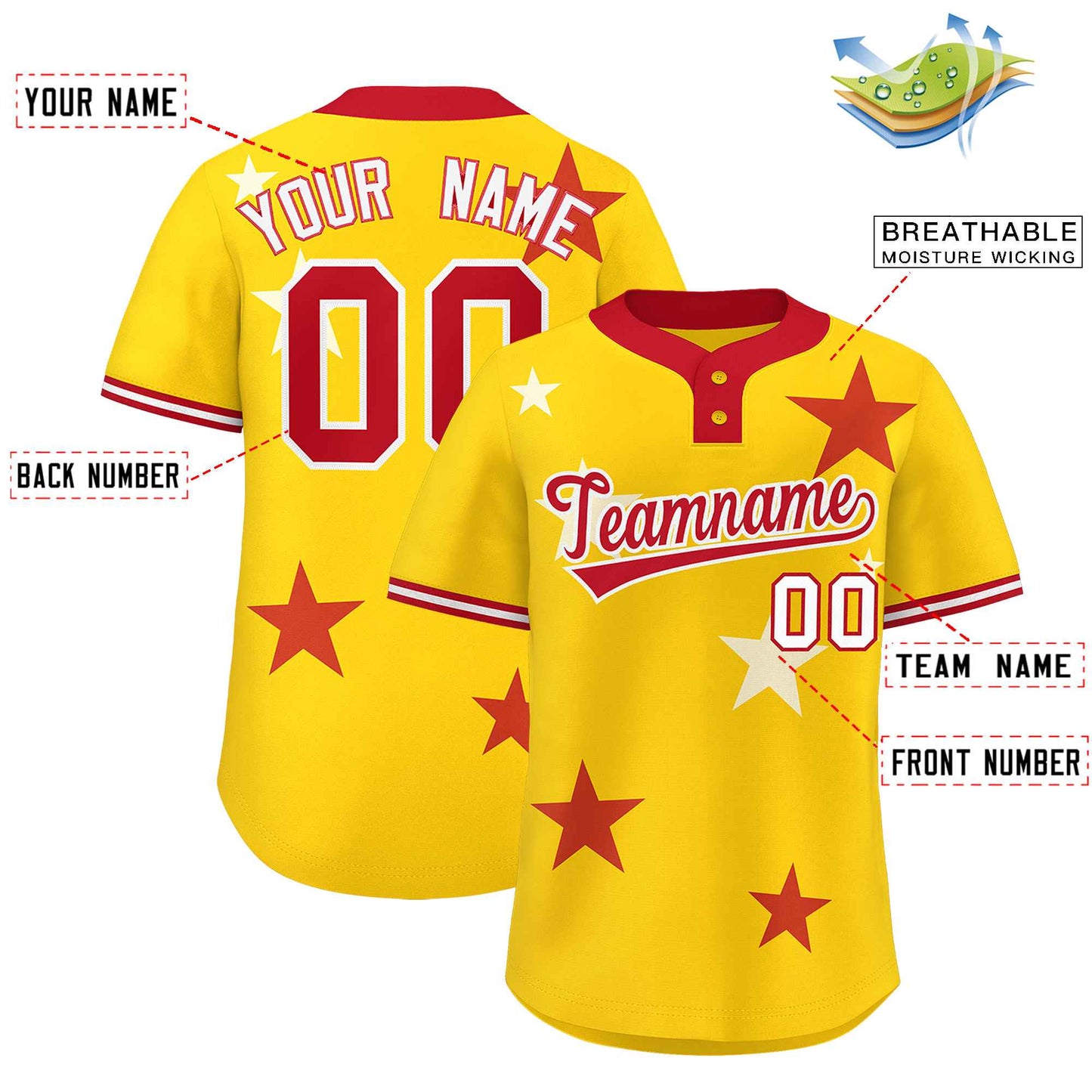 Custom Gold Red Personalized Star Graffiti Pattern Authentic Two-Button Baseball Jersey Limited