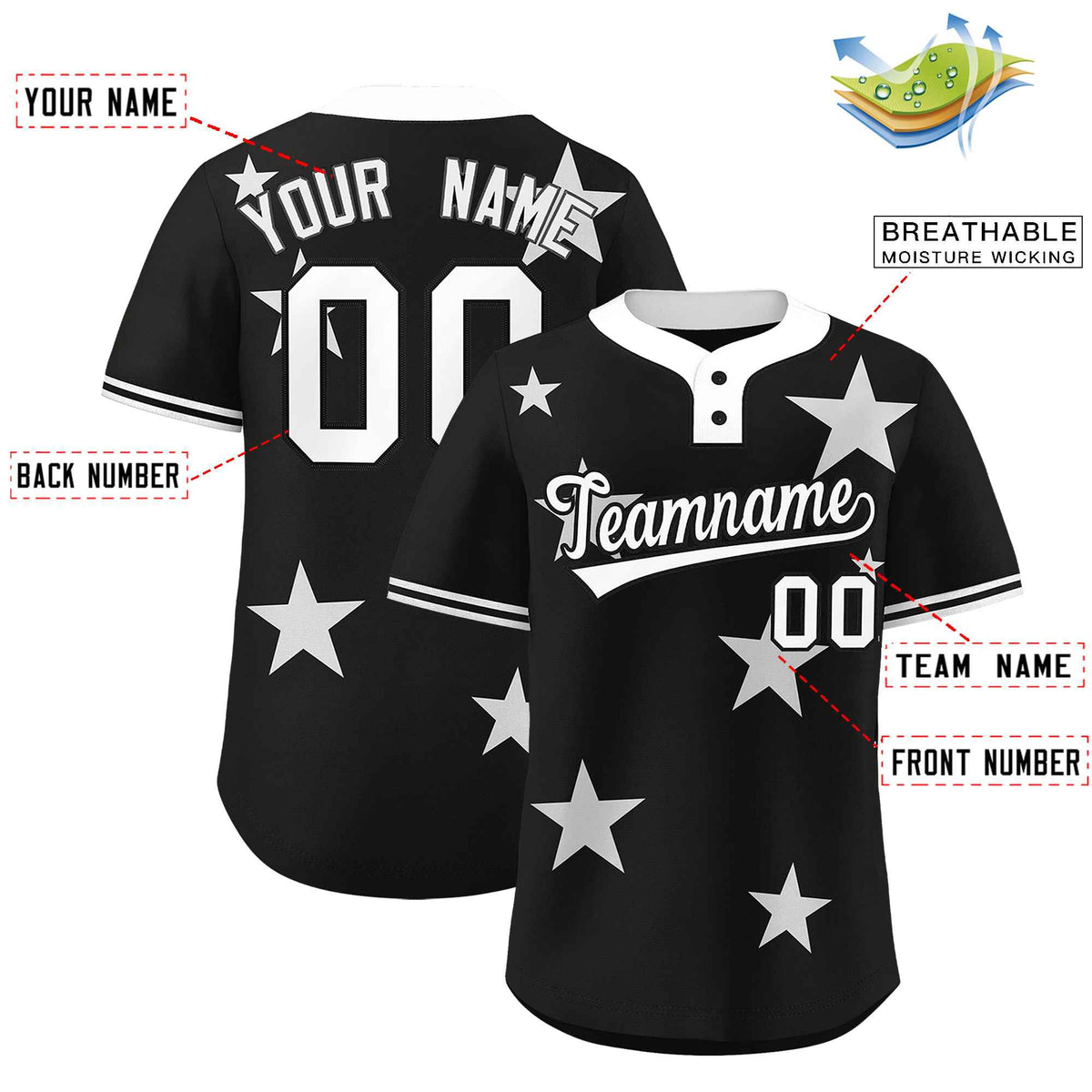 Custom Black White Personalized Star Graffiti Pattern Authentic Two-Button Baseball Jersey Limited