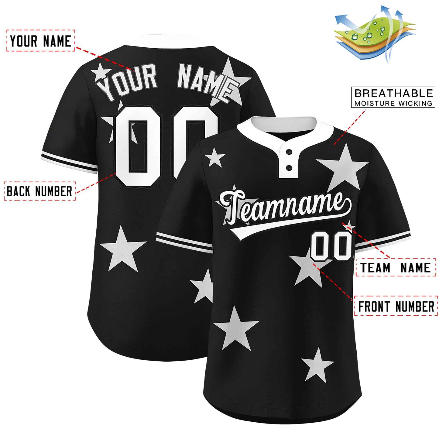 Custom Black White Personalized Star Graffiti Pattern Authentic Two-Button Baseball Jersey Limited