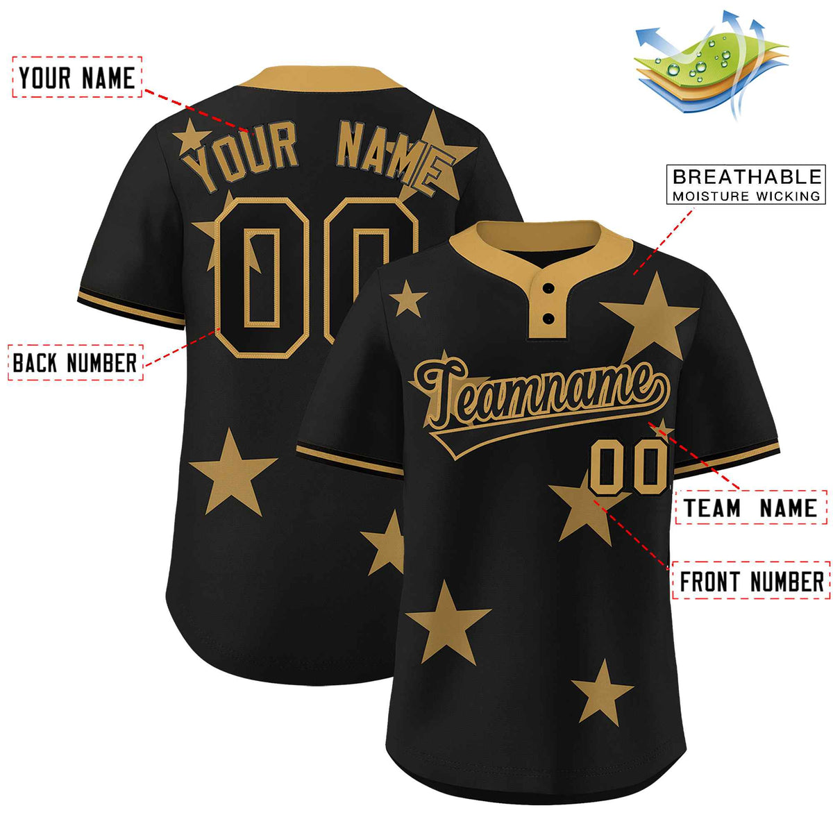 Custom Black Old Gold Personalized Star Graffiti Pattern Authentic Two-Button Baseball Jersey Limited