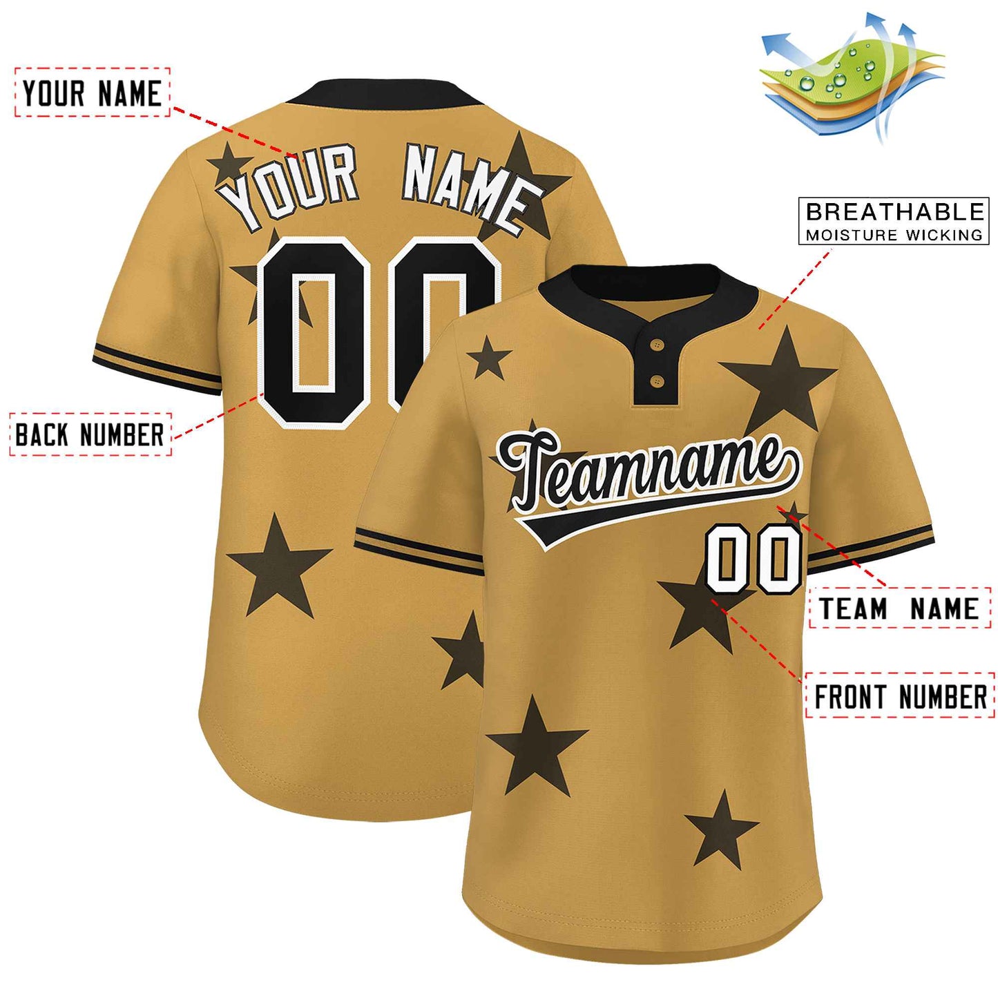Custom Old Gold Black Personalized Star Graffiti Pattern Authentic Two-Button Baseball Jersey Limited