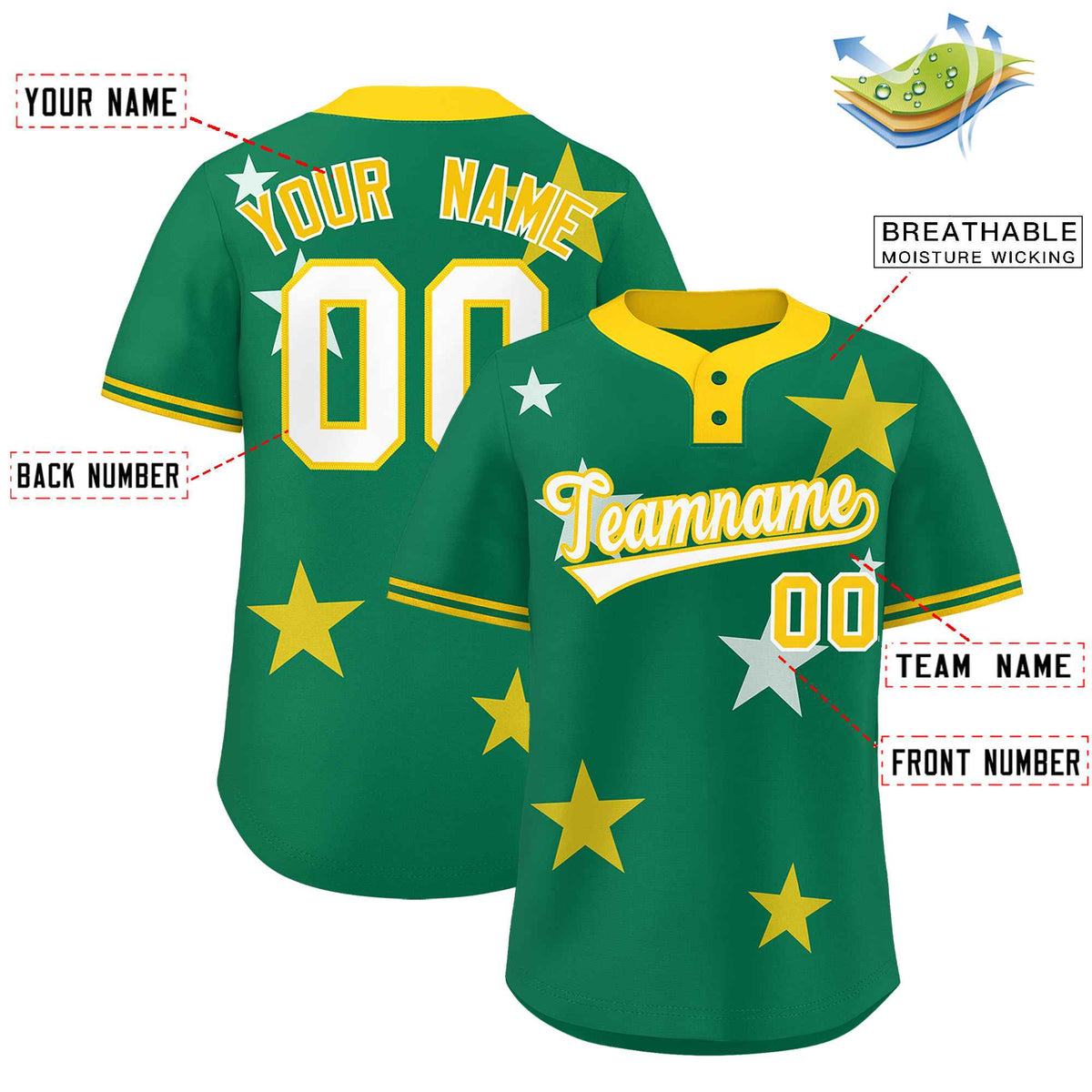 Custom Kelly Green Gold Personalized Star Graffiti Pattern Authentic Two-Button Baseball Jersey Limited