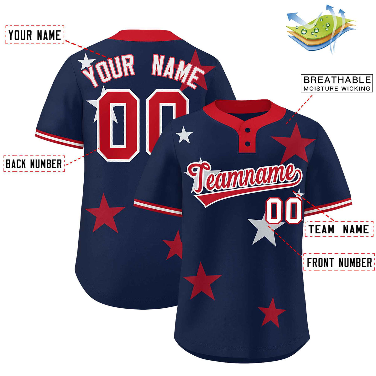 Custom Navy Red Personalized Star Graffiti Pattern Authentic Two-Button Baseball Jersey Limited