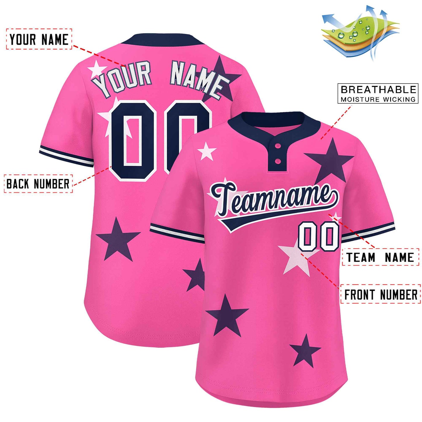 Custom Pink Navy Personalized Star Graffiti Pattern Authentic Two-Button Baseball Jersey Limited