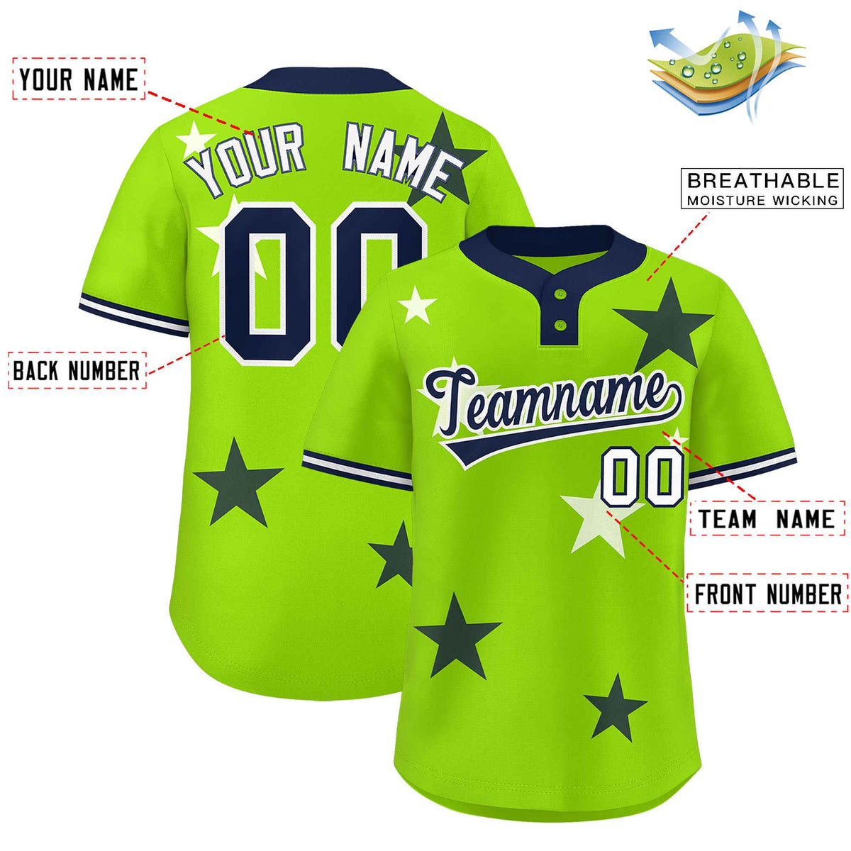 Custom Neon Green Navy Personalized Star Graffiti Pattern Authentic Two-Button Baseball Jersey Limited