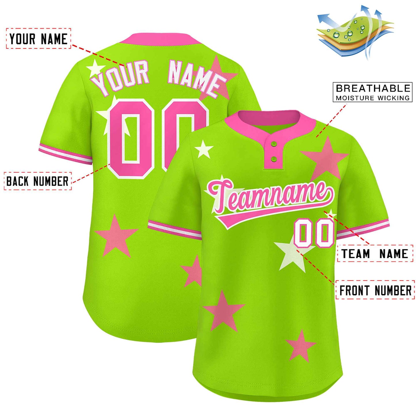 Custom Neon Green Pink Personalized Star Graffiti Pattern Authentic Two-Button Baseball Jersey Limited