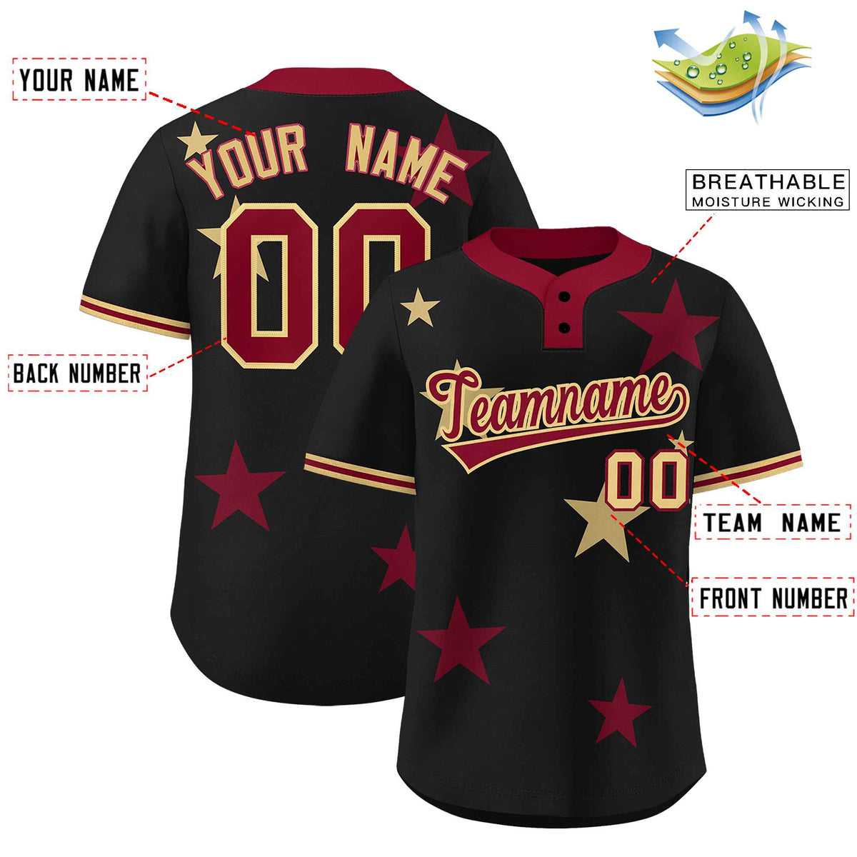 Custom Black Crimson Personalized Star Graffiti Pattern Authentic Two-Button Baseball Jersey Limited