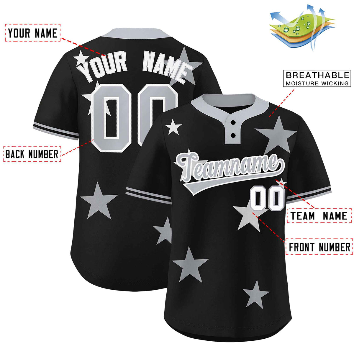 Custom Black Gray Personalized Star Graffiti Pattern Authentic Two-Button Baseball Jersey Limited