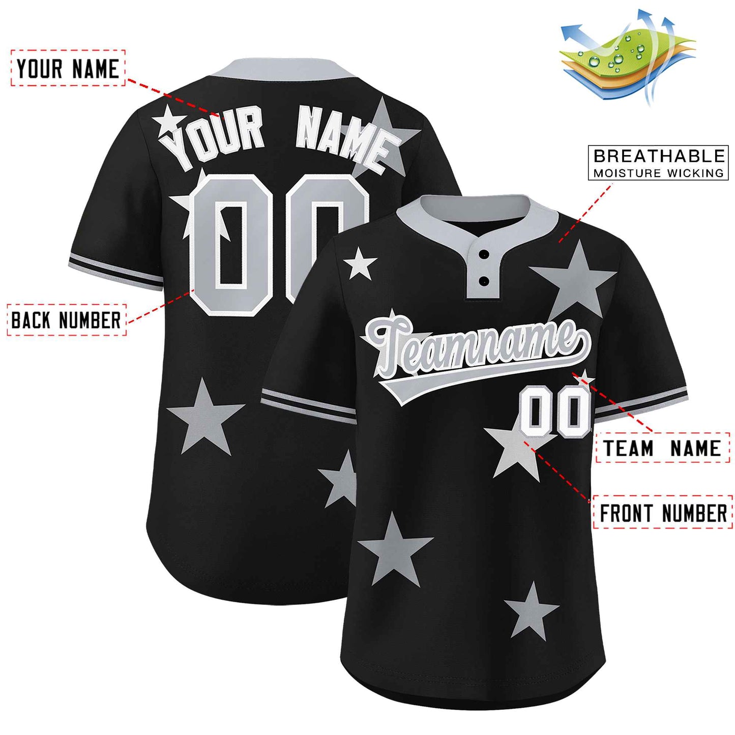 Custom Black Gray Personalized Star Graffiti Pattern Authentic Two-Button Baseball Jersey Limited
