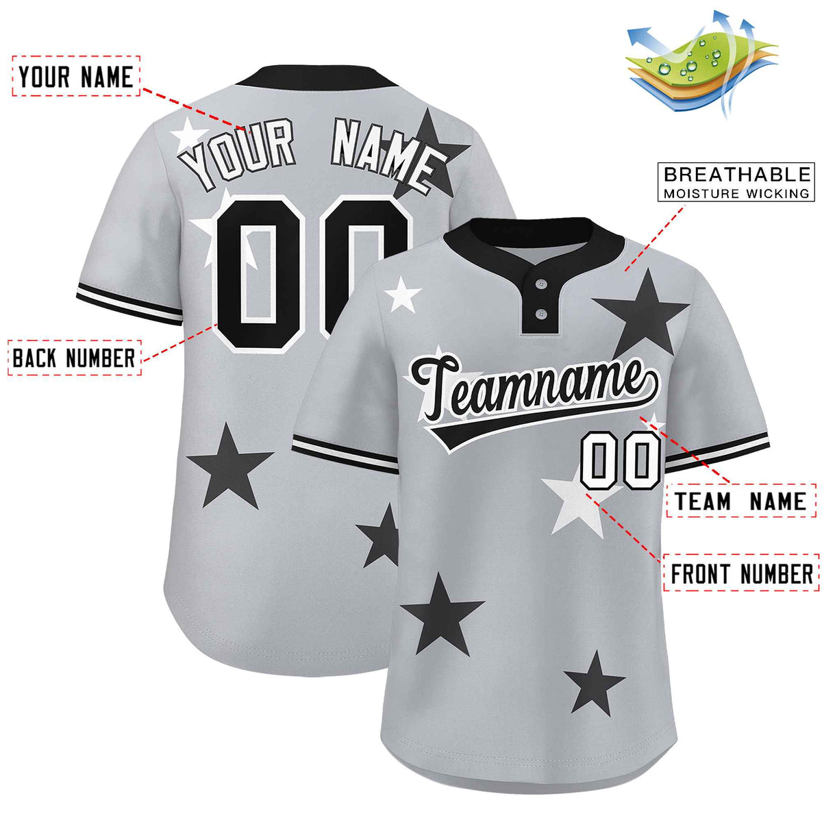 Custom Gray Black Personalized Star Graffiti Pattern Authentic Two-Button Baseball Jersey Limited