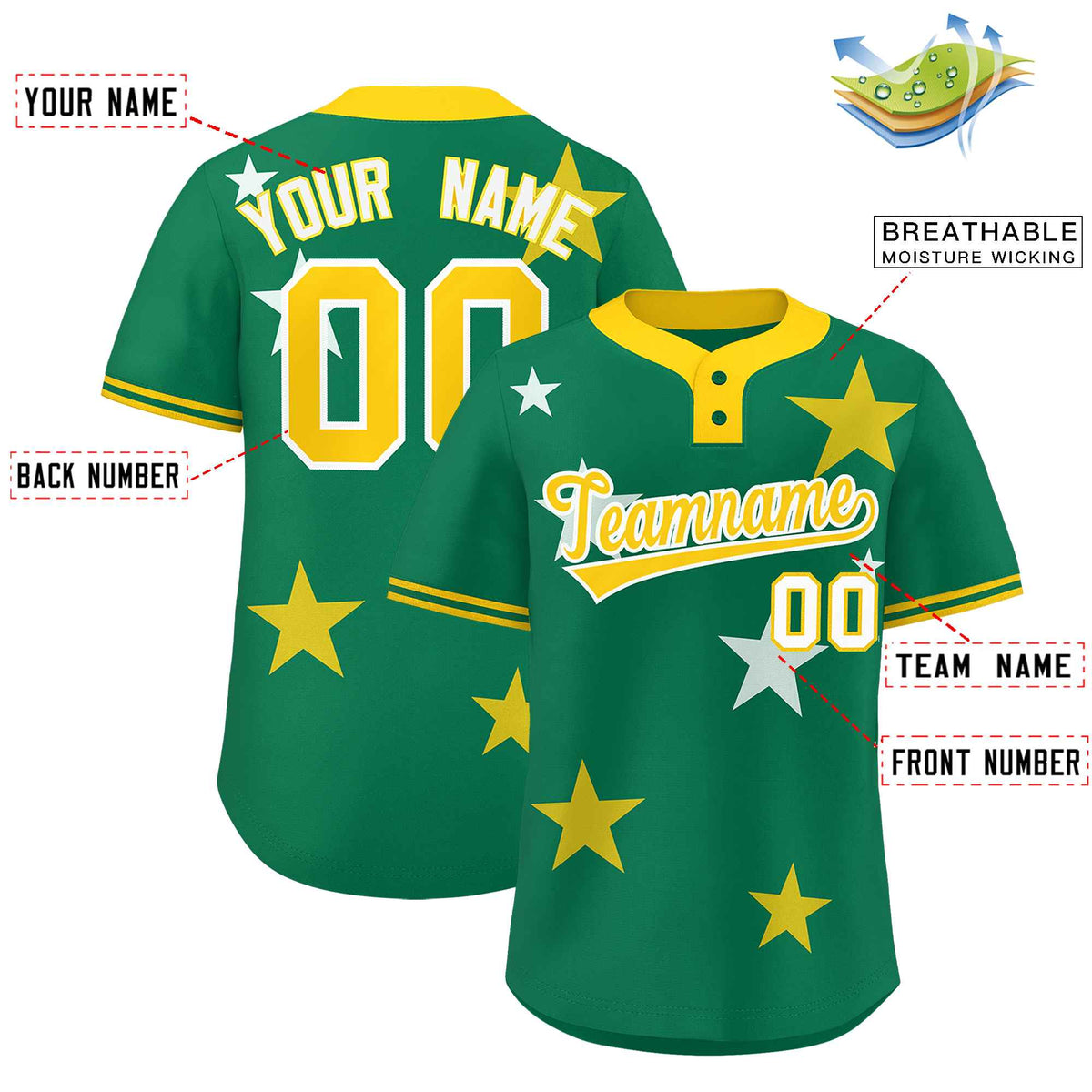 Custom Kelly Green Gold Personalized Star Graffiti Pattern Authentic Two-Button Baseball Jersey Limited