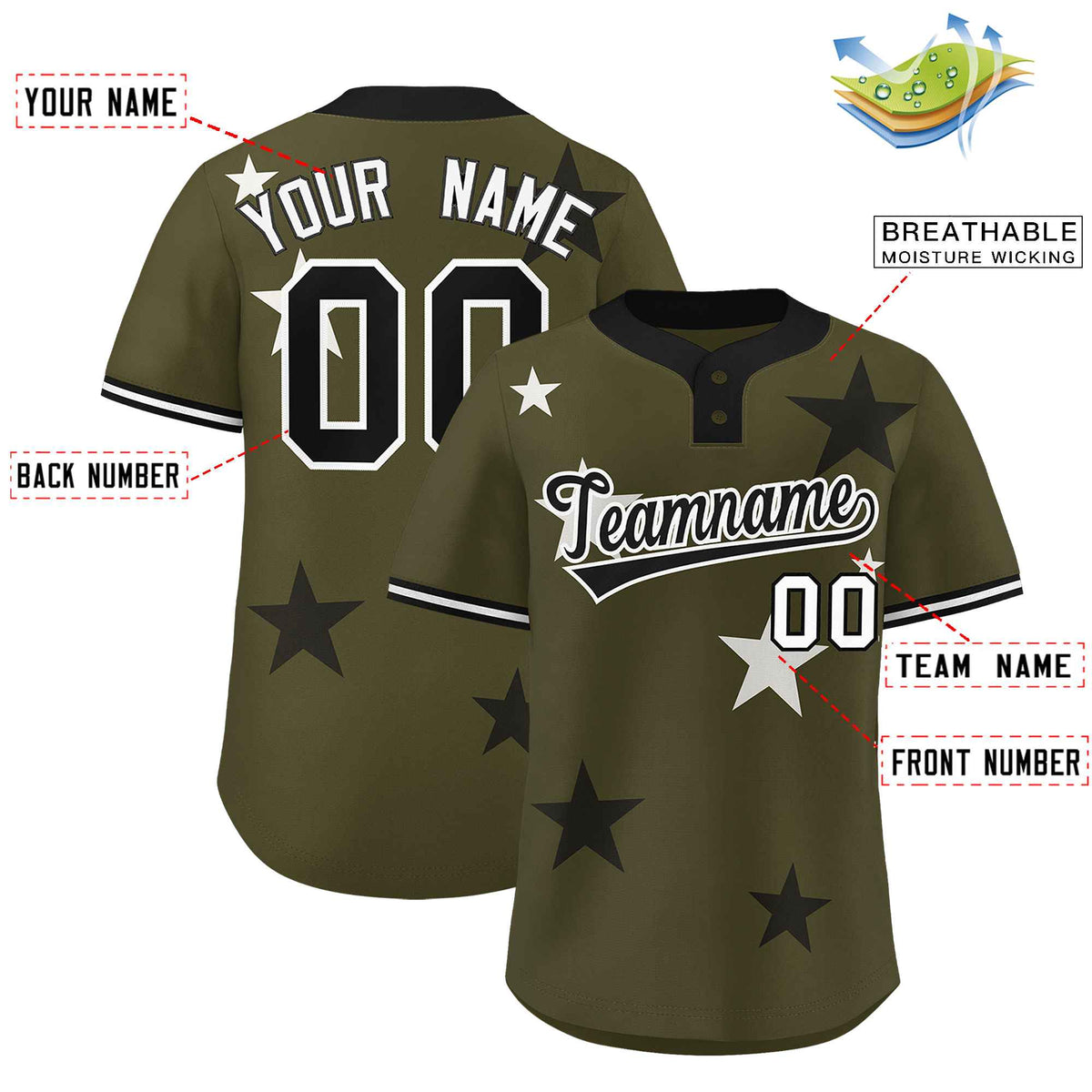 Custom Olive Black Personalized Star Graffiti Pattern Authentic Two-Button Baseball Jersey Limited