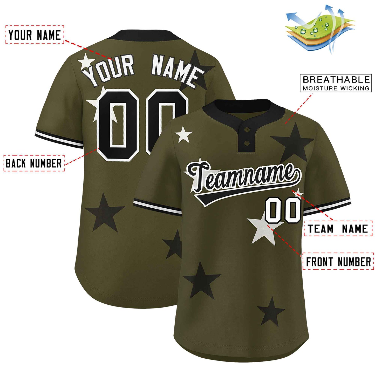 Custom Olive Black Personalized Star Graffiti Pattern Authentic Two-Button Baseball Jersey Limited