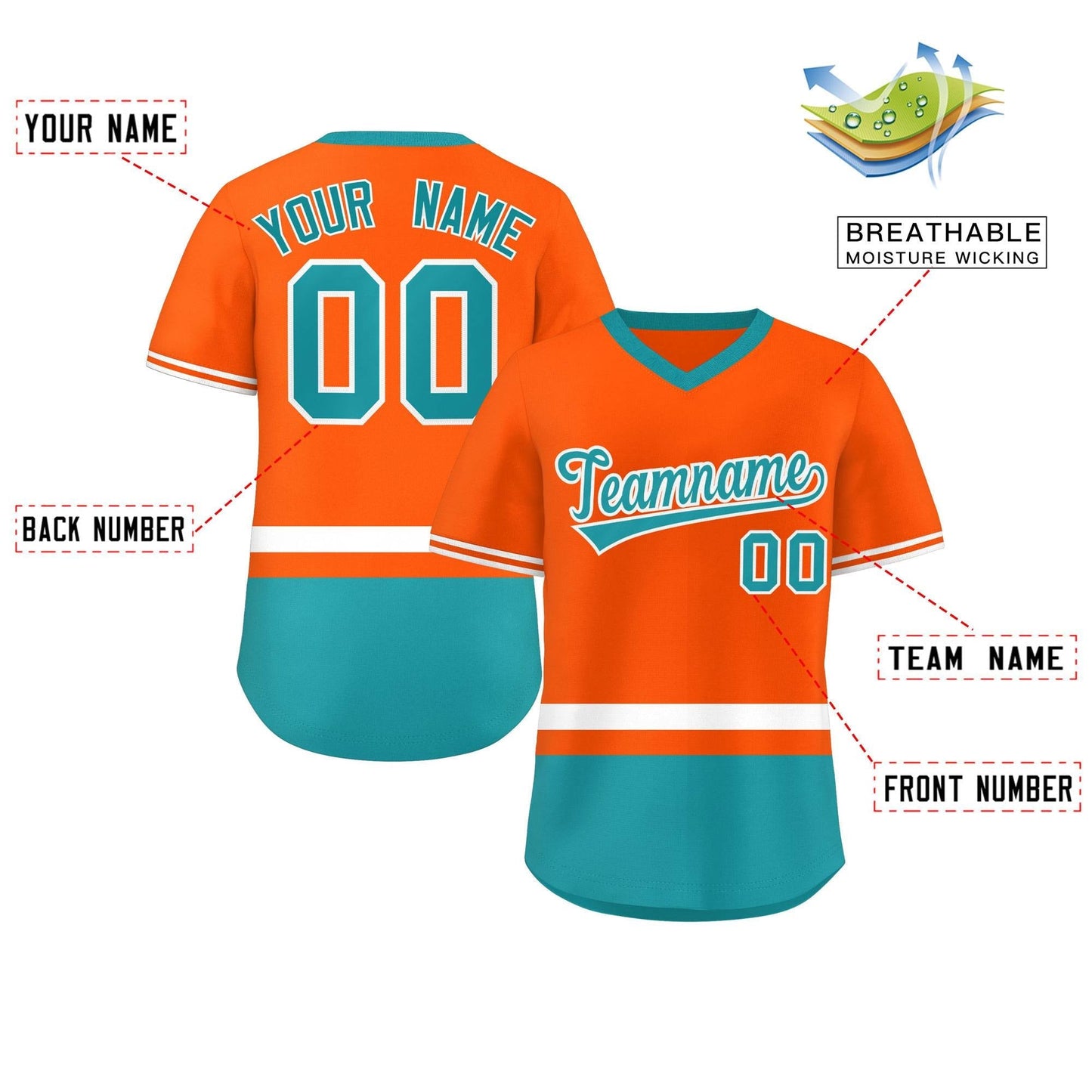 Custom Orange White-Aqua Color Block Personalized V-Neck Authentic Pullover Baseball Jersey Limited