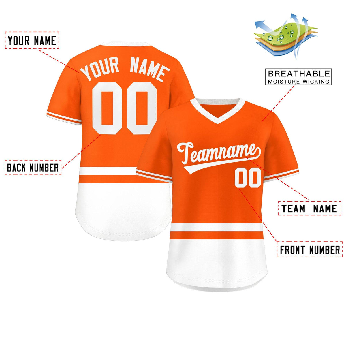 Custom Orange White Color Block Personalized V-Neck Authentic Pullover Baseball Jersey Limited